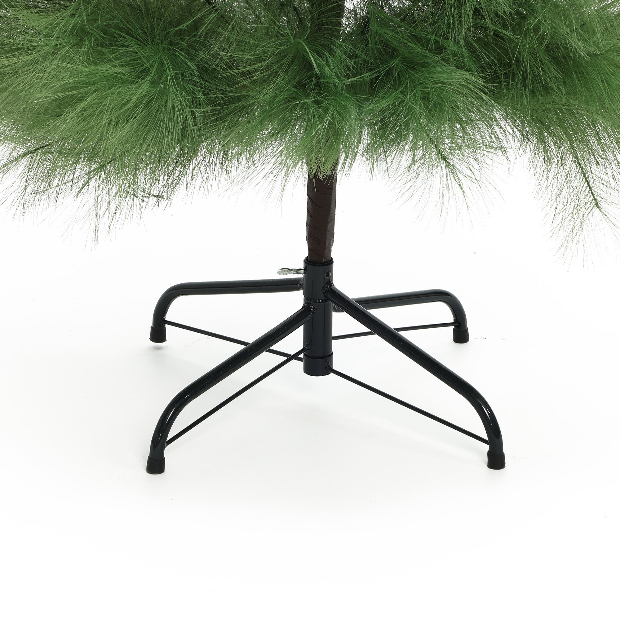 Close-up of the base of artificial pampas grass tree with metal stand, featuring lush green branches , wrapped trunk.