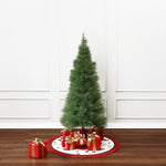 Small pampas grass tree stands in living room, wrapped presents on the floor, snowy scene visible through the window.