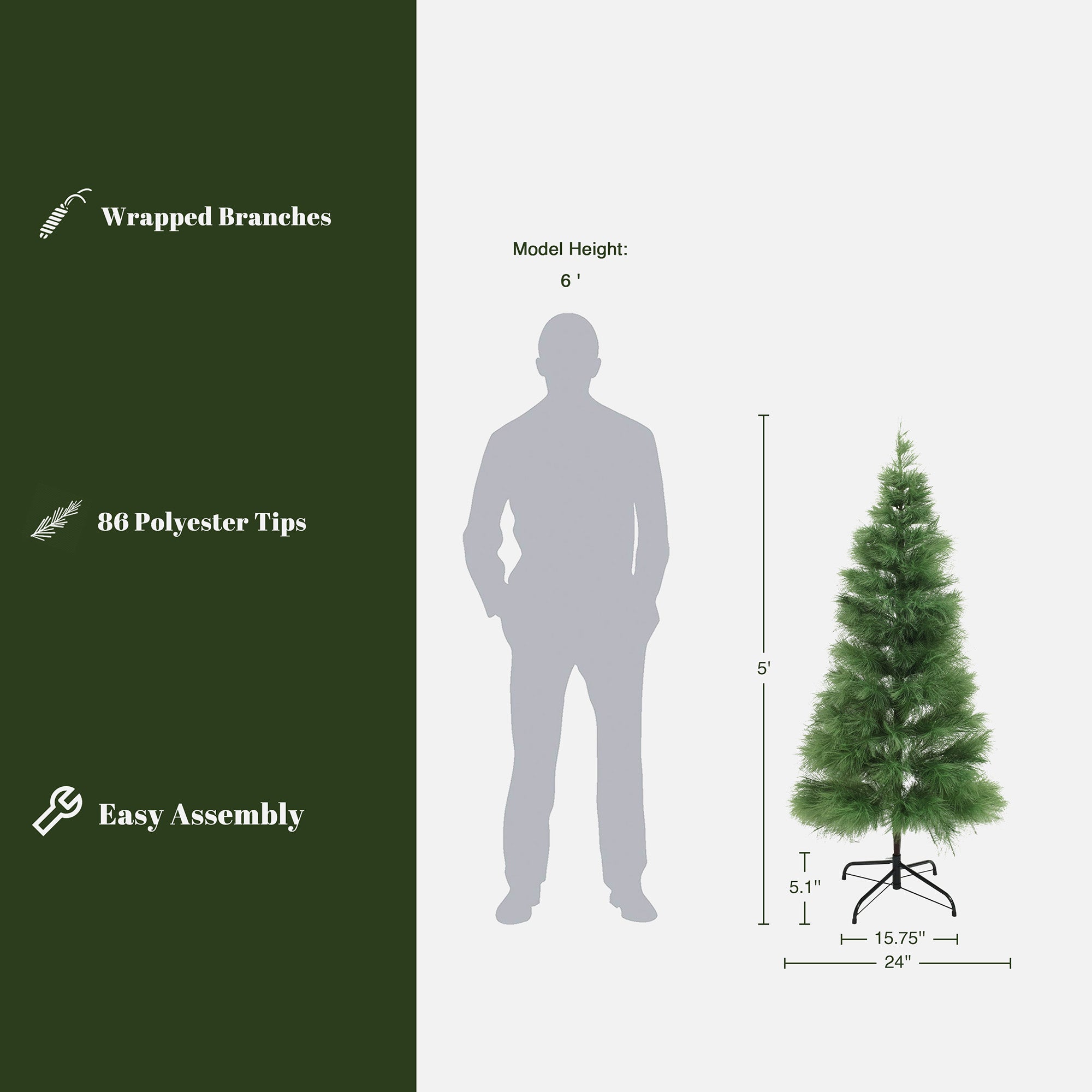 Artificial christmas tree with wrapped branches, 86 pe tips, easy assembly. Shown beside 6 ft model, this tree stands 5 ft tall, 24 ''W.
