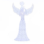 Wireframe angel figure with outstretched wings, covered in small white lights,against a plain white background.