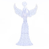 Wireframe angel figure with outstretched wings, covered in small white lights,against a plain white background.