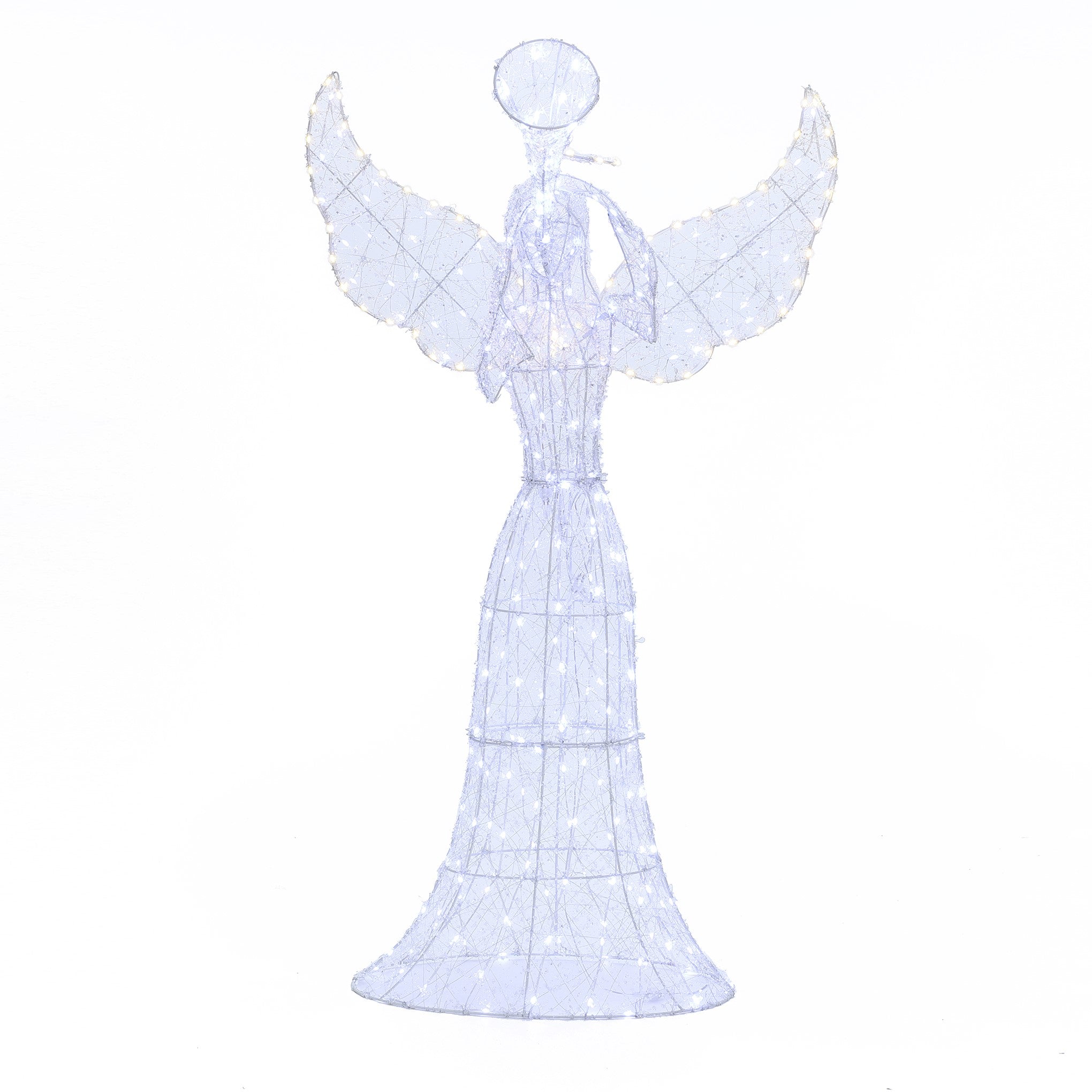 Wireframe angel figure with outstretched wings, covered in small white lights,against a plain white background.