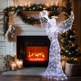 Wire frame angel decor with white lights stands in front of a fireplace with candles, stockings, garland.