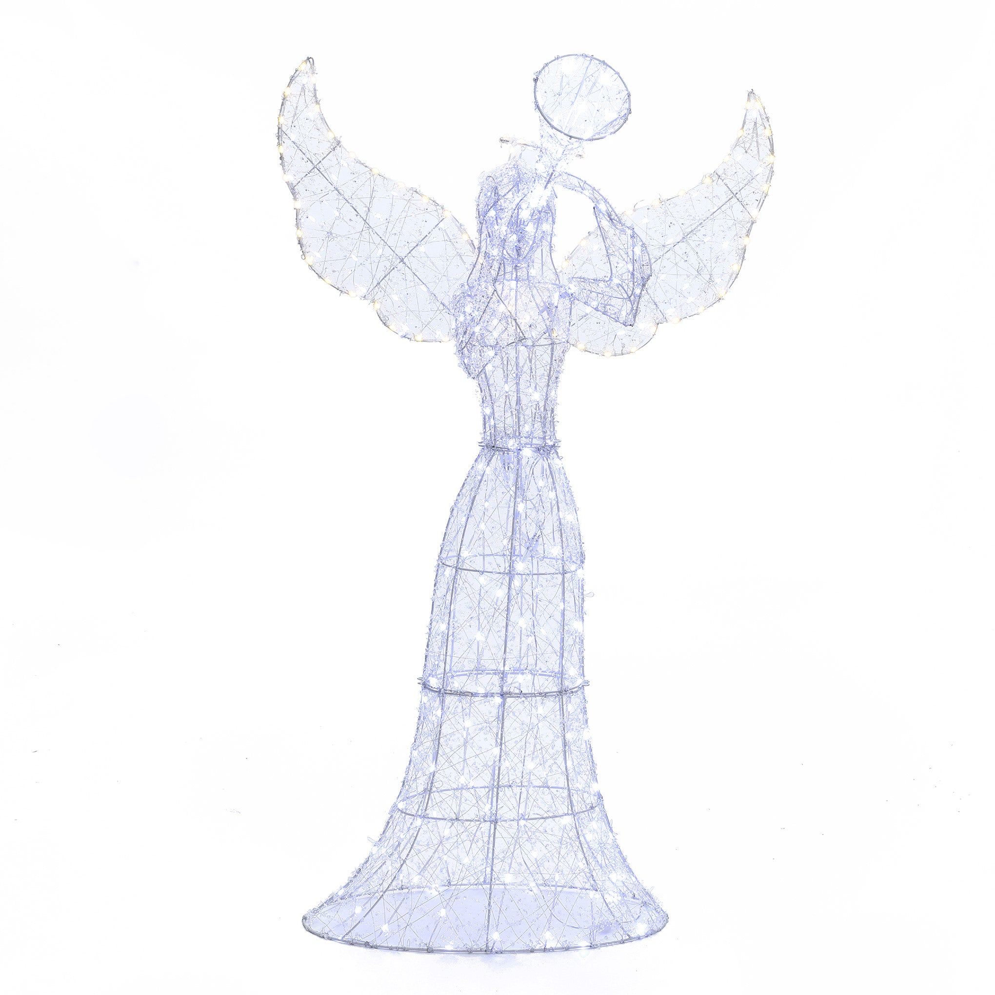 Wireframe sculpture of an angel with wings trumpet, perfect as christmas angel decor against white background.