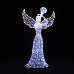 Wireframe angel outdoor decor glows with white,yellow lights, set against a black background.