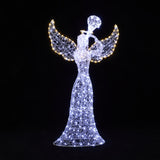Wireframe angel outdoor decor glows with white,yellow lights, set against a black background.