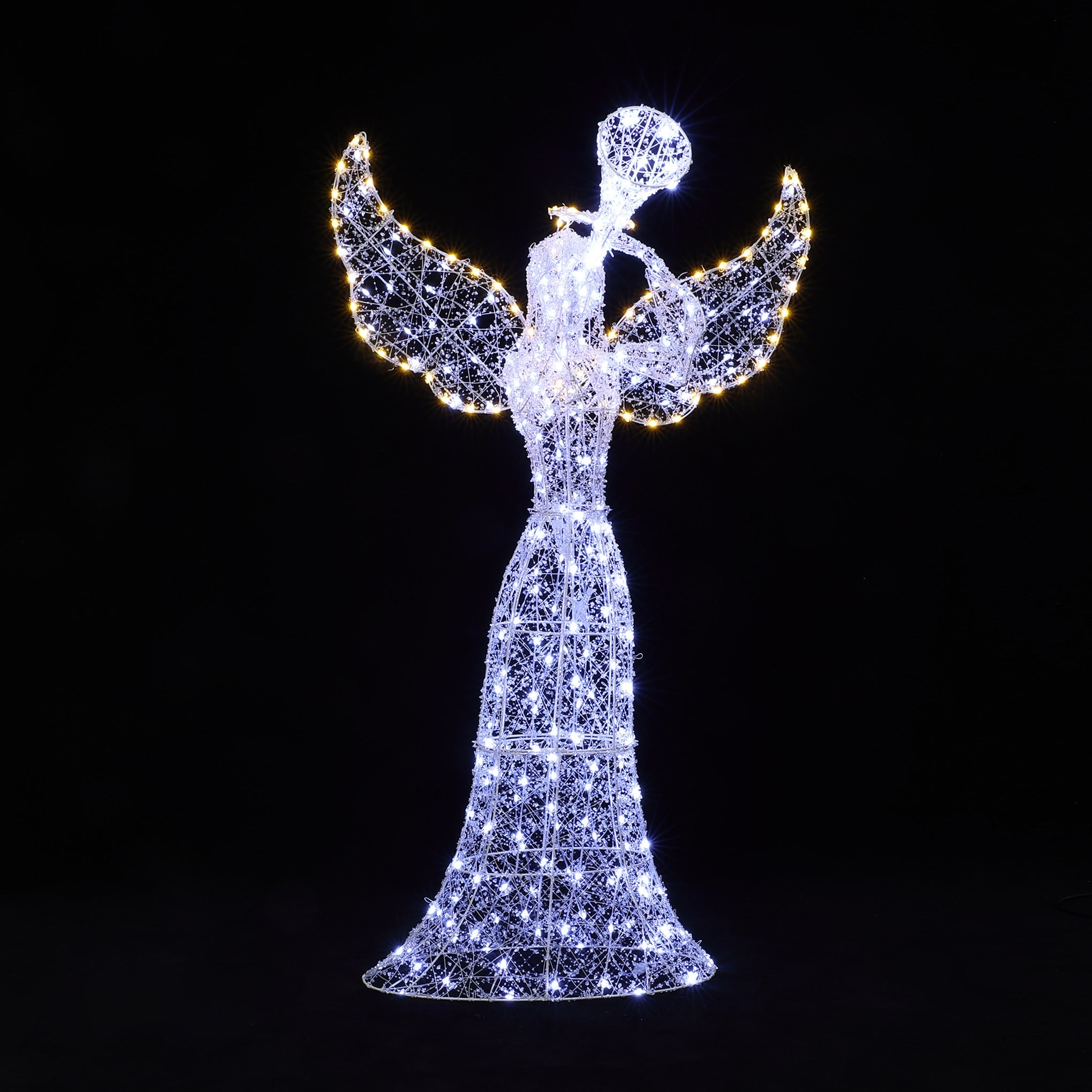 Wireframe angel outdoor decor glows with white,yellow lights, set against a black background.