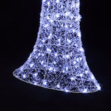 Lower portion of cone-shaped wire frame is decor with numerous small white led lights,  against black background.