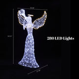 Wireframe angel outdoor decor with 280 led lights, measuring 59.04" H,34.26" W, 27.56" D,  against  black background.