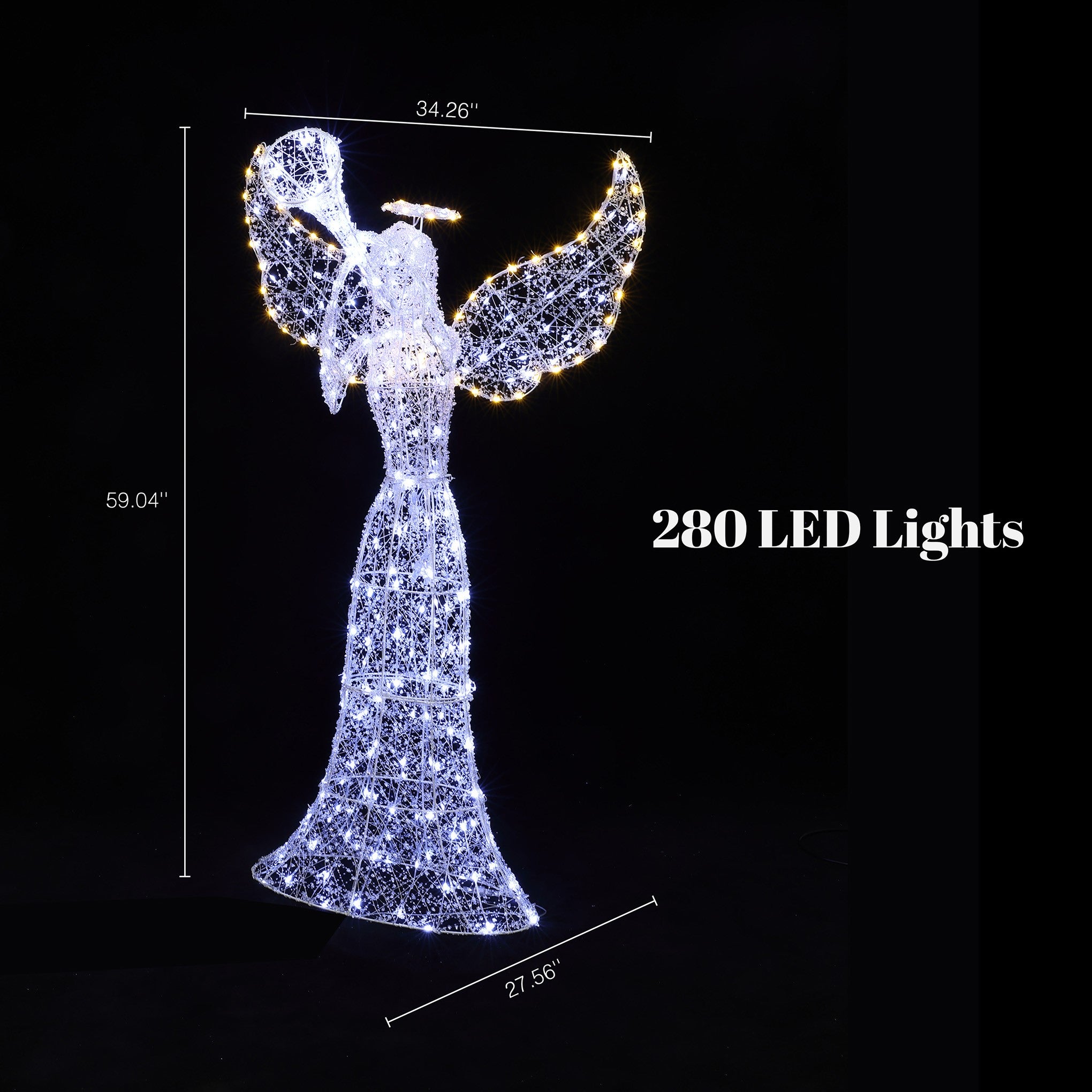 Wireframe angel outdoor decor with 280 led lights, measuring 59.04" H,34.26" W, 27.56" D,  against  black background.