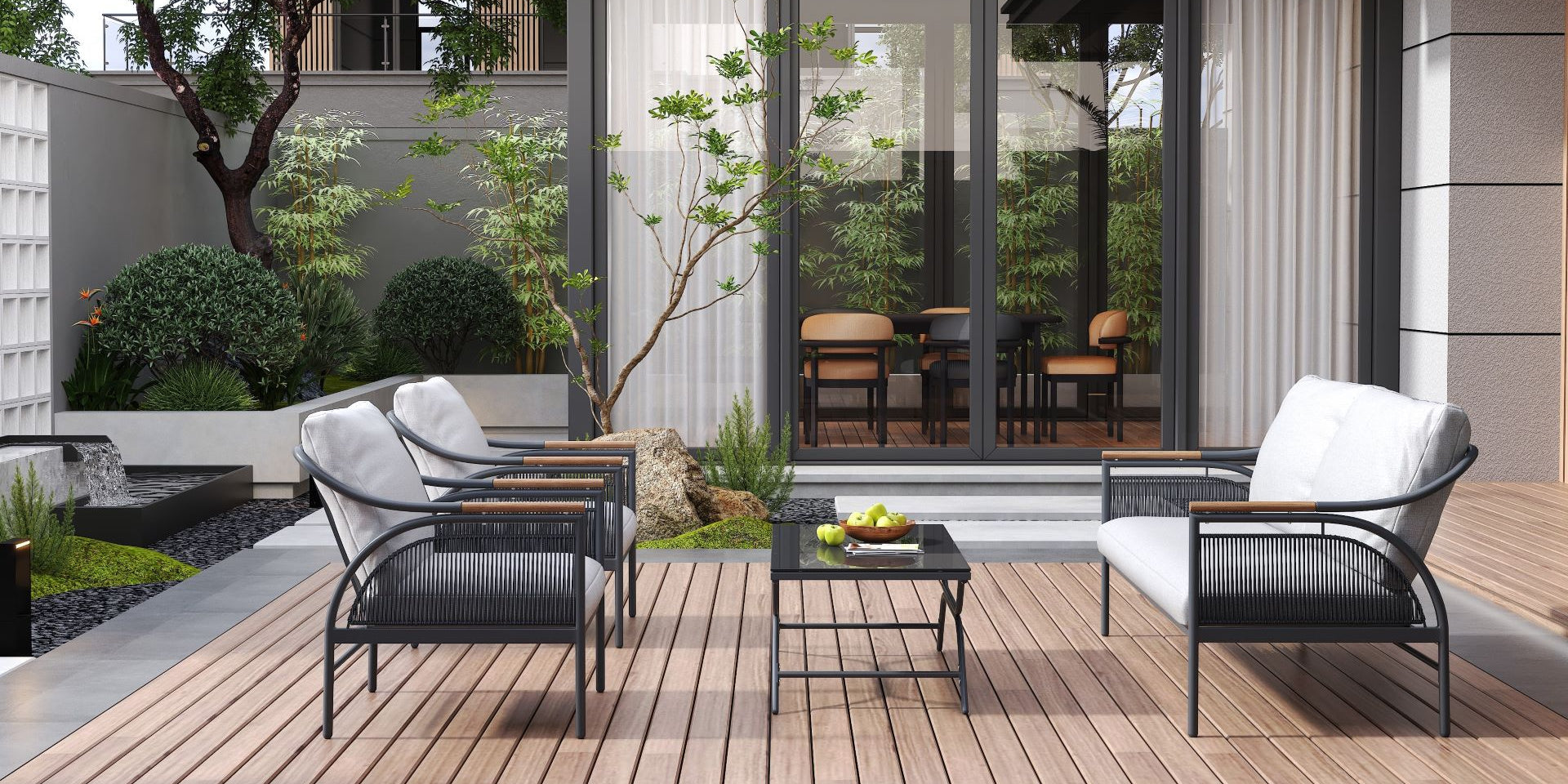 black metal and rope frame patio seating set with white cushion in a serene wood decked patio