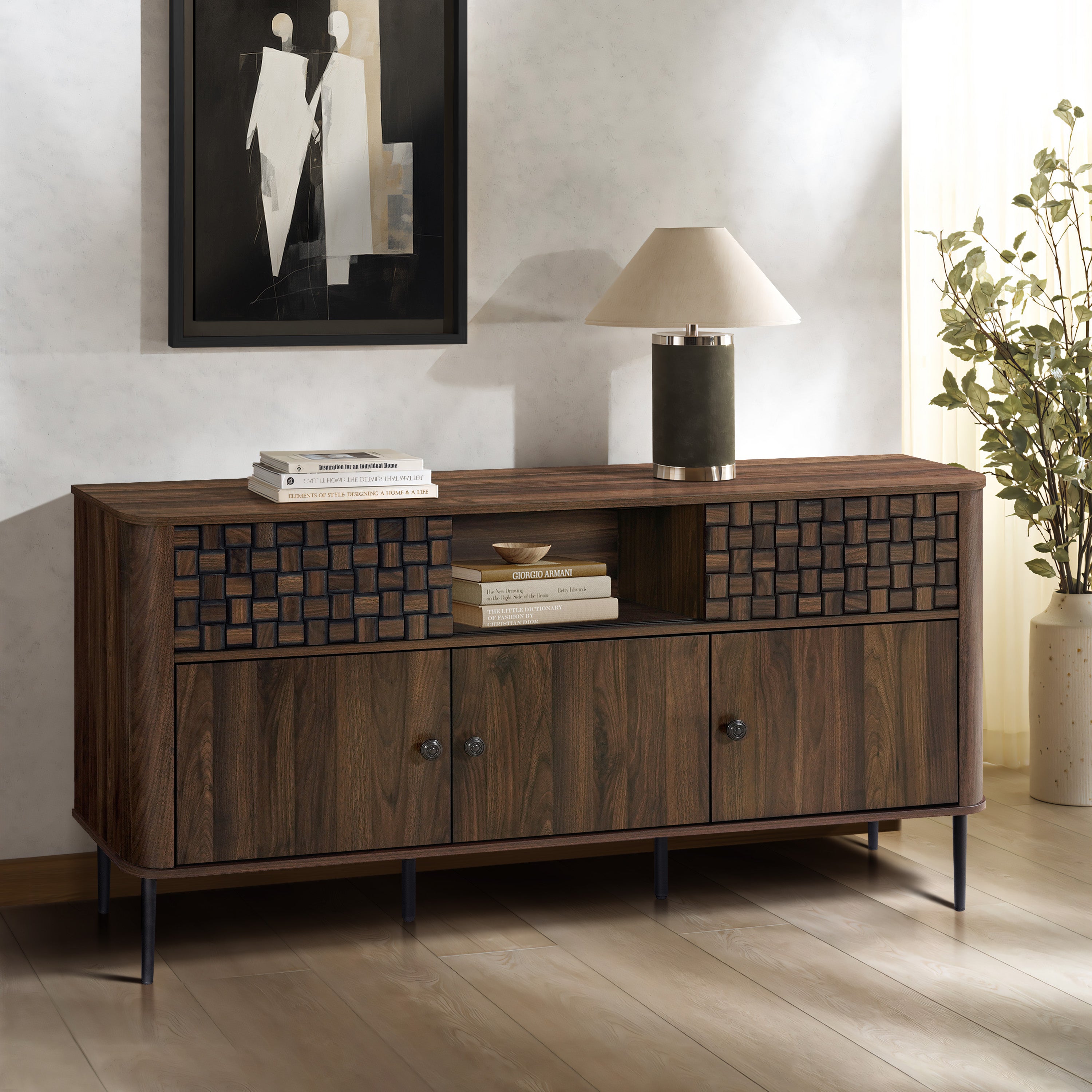Mid-century modern wood sideboard cabinet with two storage cabinets, decorative square patterns.