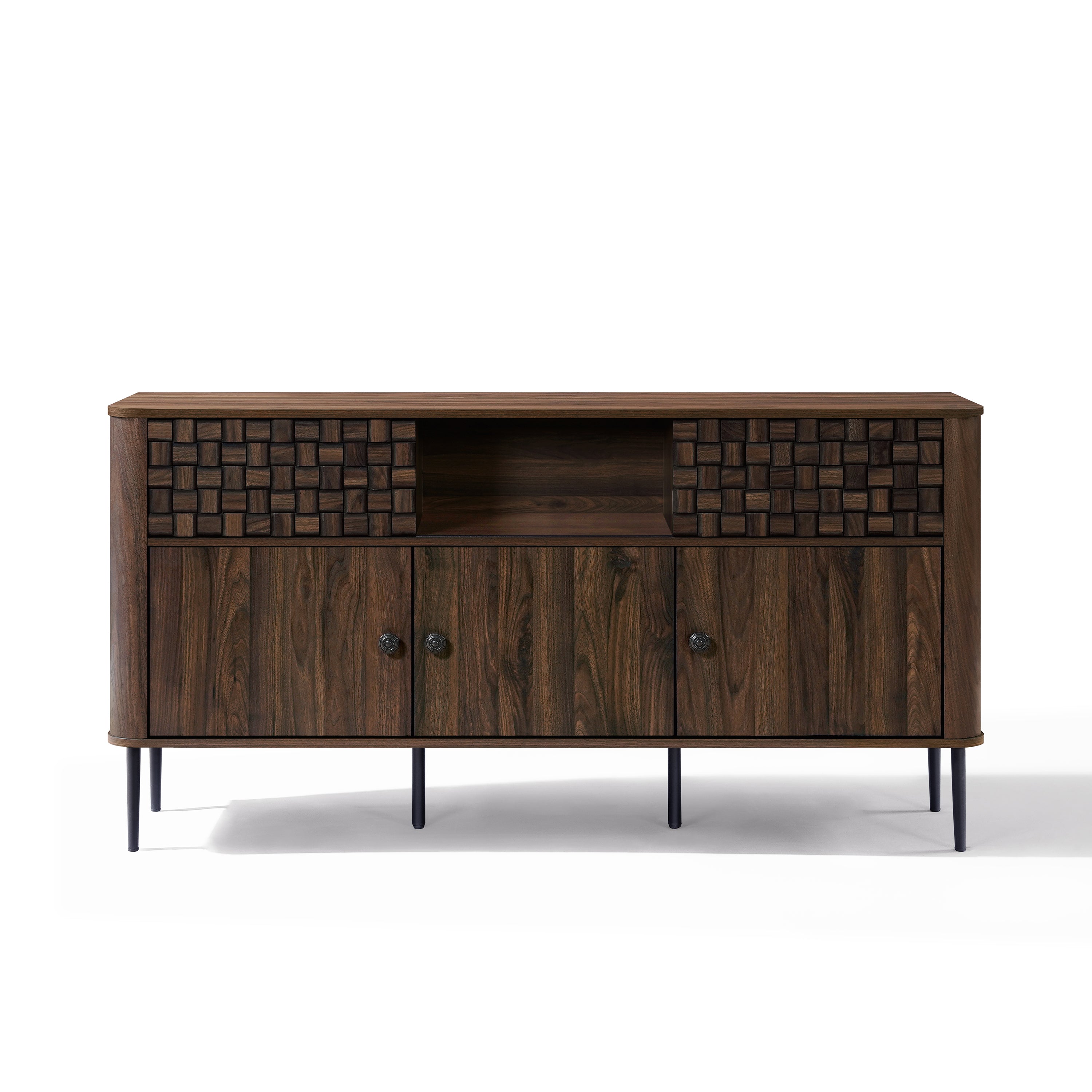 Dark wood sideboard cabinet with patterned square accents, an open central shelf, cabinet doors, black metal legs.