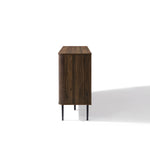 A mid-century modern sideboard cabinet with a dark finish and black metal legs.