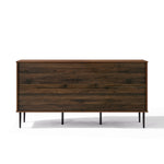 Modern sideboard cabinet with a dark finish, featuring three wide drawers and black metal legs.