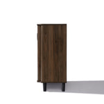 Side view of a mid-century walnut wood sideboard cabinet with four black legs.