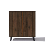 Dark brown mid-century walnut wood sideboard cabinet with two doors and short black legs, offering stylish storage.