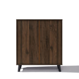Dark brown mid-century walnut wood sideboard cabinet with two doors and short black legs, offering stylish storage.