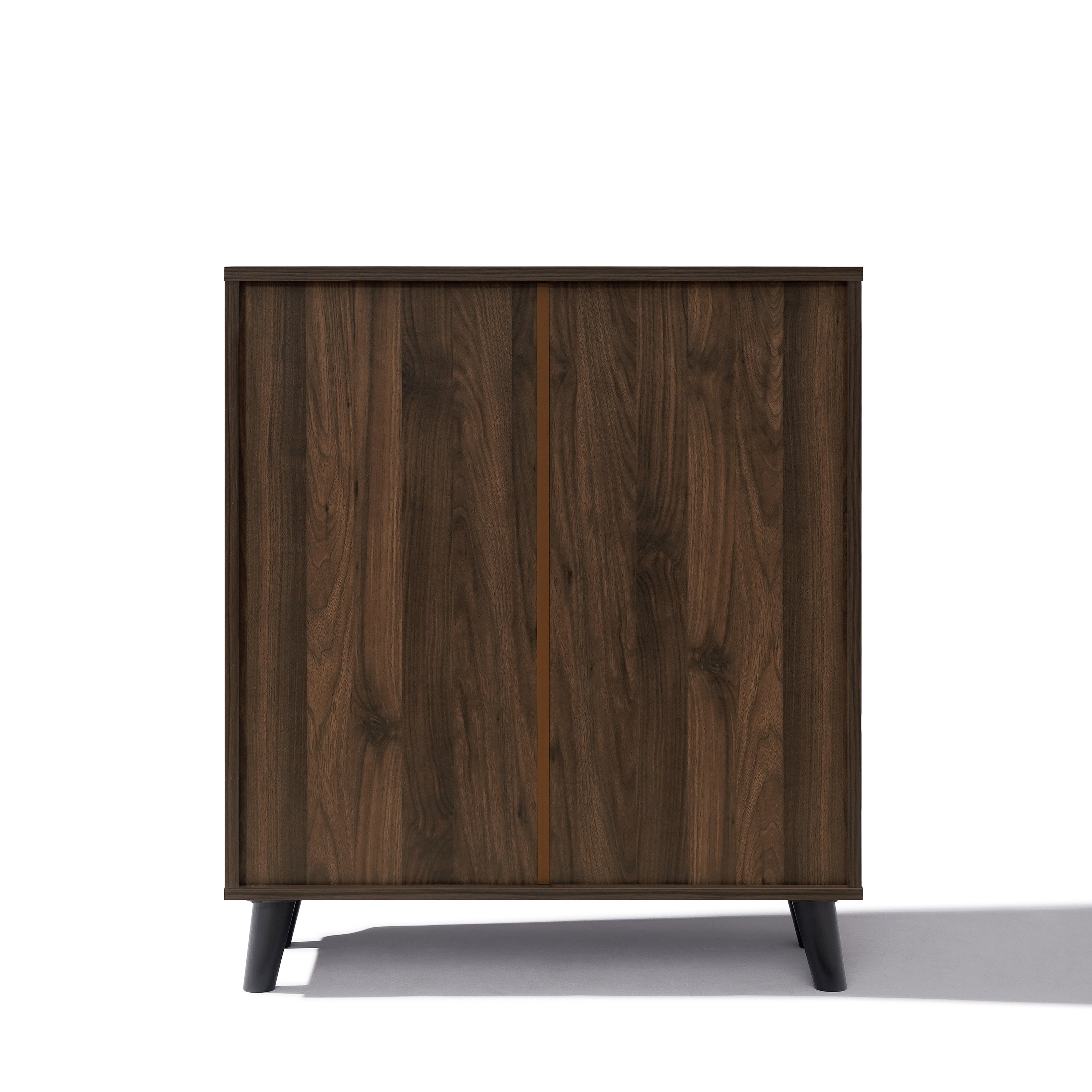 Dark brown mid-century walnut wood sideboard cabinet with two doors and short black legs, offering stylish storage.
