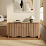 mid-century modern buffet cabinet sideboard with slatted design and wood veneer finish for dining room