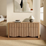 mid-century modern buffet cabinet sideboard with slatted design and wood veneer finish for dining room