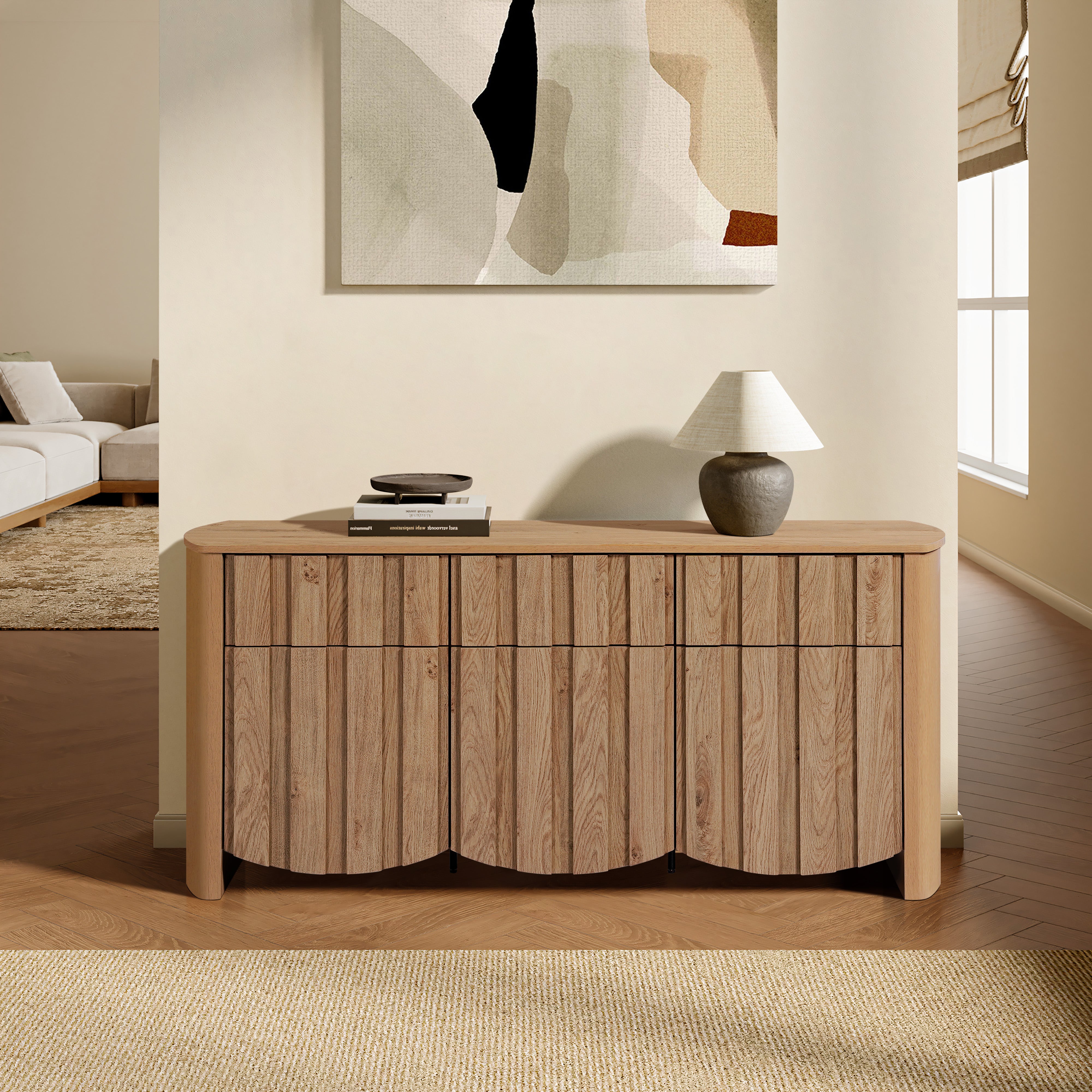 mid-century modern buffet cabinet sideboard with slatted design and wood veneer finish for dining room