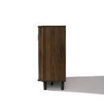 Mid-century walnut wood sideboard cabinet with a dark finish is shown from the side, standing on four black legs.