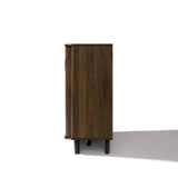 Mid-century walnut wood sideboard cabinet with a dark finish is shown from the side, standing on four black legs.