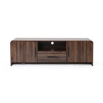 Wood TV console tables with two side cabinets, a central open shelf featuring a circular cable hole, and a single drawer below.