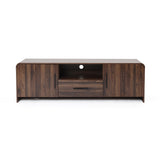 Wood TV console tables with two side cabinets, a central open shelf featuring a circular cable hole, and a single drawer below.
