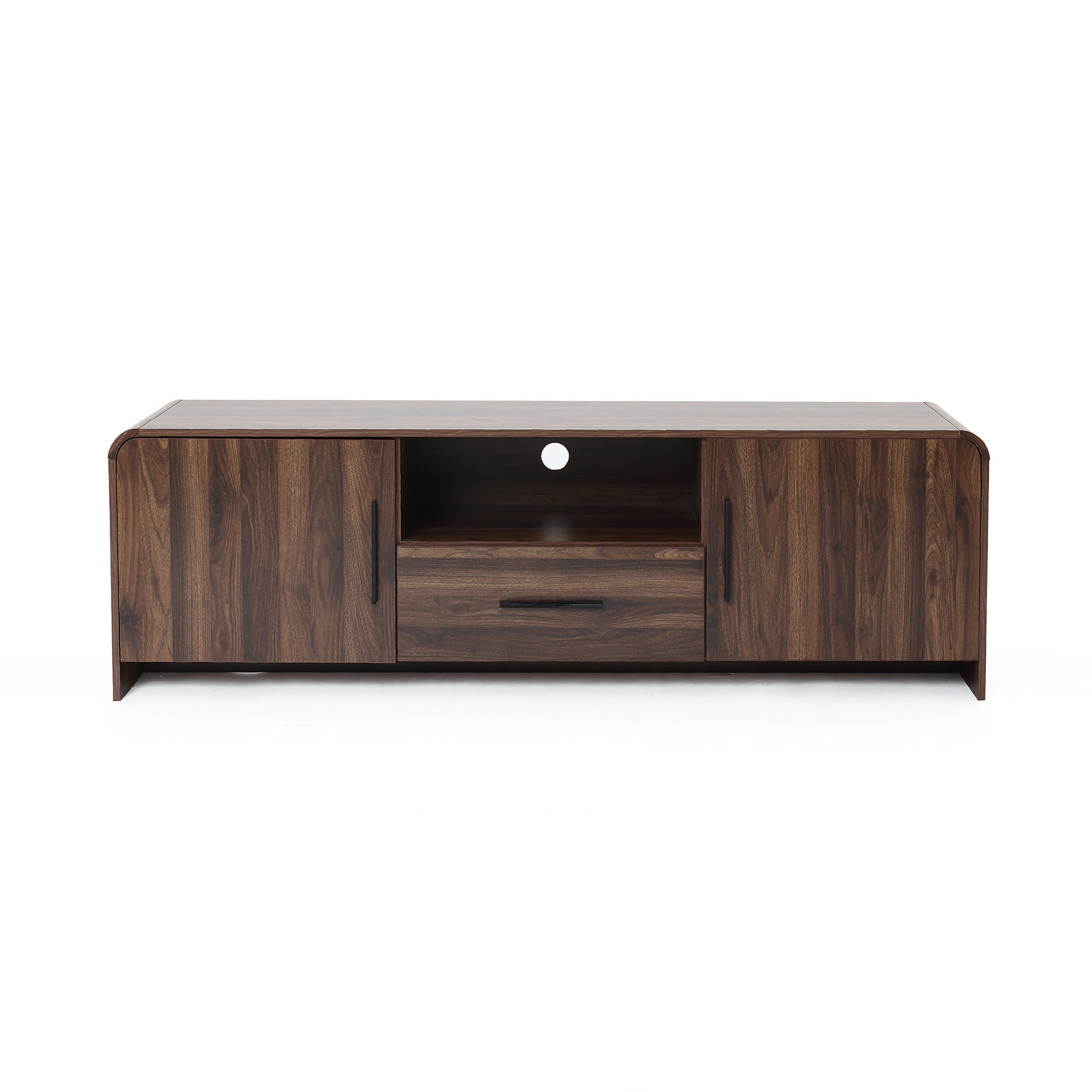 Wood TV console tables with two side cabinets, a central open shelf featuring a circular cable hole, and a single drawer below.