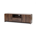 A wood TV console tables with two cabinet doors on each side, an open shelf featuring a circular cable hole, and a central drawer.