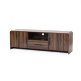 A wood TV console tables with two cabinet doors on each side, an open shelf featuring a circular cable hole, and a central drawer.
