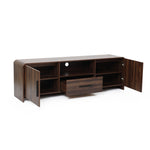 A wood TV console tables with two open doors, a central drawer pulled out, spacious open shelves, and a cable management hole at the back.