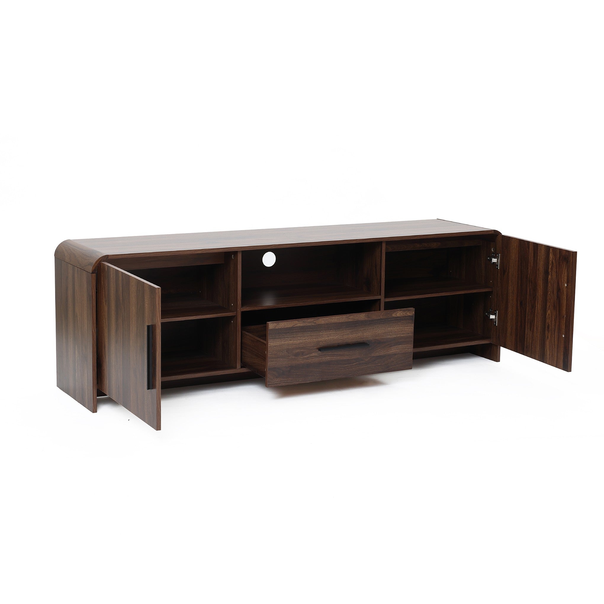 A wood TV console tables with two open doors, a central drawer pulled out, spacious open shelves, and a cable management hole at the back.