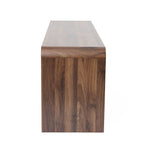 A wood TV console tables with a smooth surface and visible wood grain, viewed from the side.