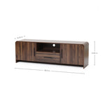 Wood TV console tables measures 68.9"W with two side cabinets, a central open shelf, and a drawer.