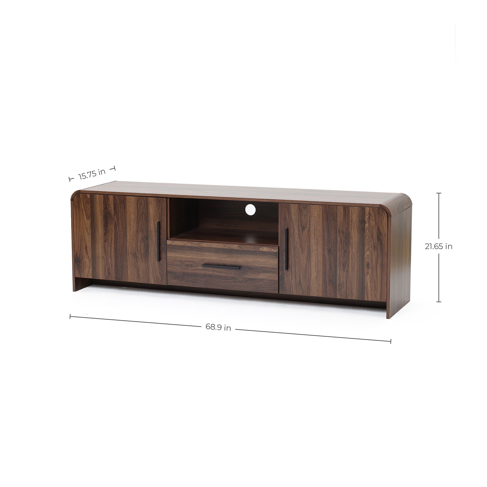 Wood TV console tables measures 68.9"W with two side cabinets, a central open shelf, and a drawer.