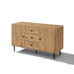 Wood buffet cabinet with three central drawers, two side cabinets, and black metal legs.