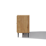 Side view of a wood buffet cabinet with black legs on a white background, showcasing ample storage.