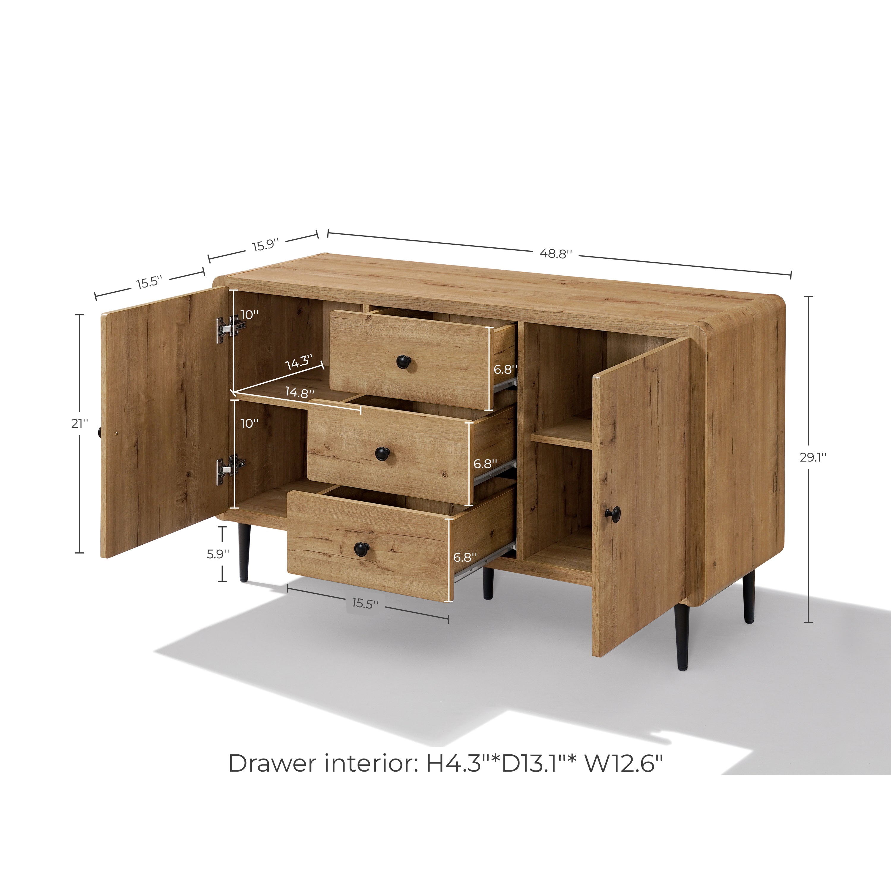 Wood buffet cabinet showcase ample storage and detailed measurements for each section, including height, width, depth.
