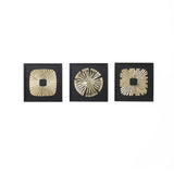 Three framed wall art pieces feature modern sunburst wall art with abstract gold designs.