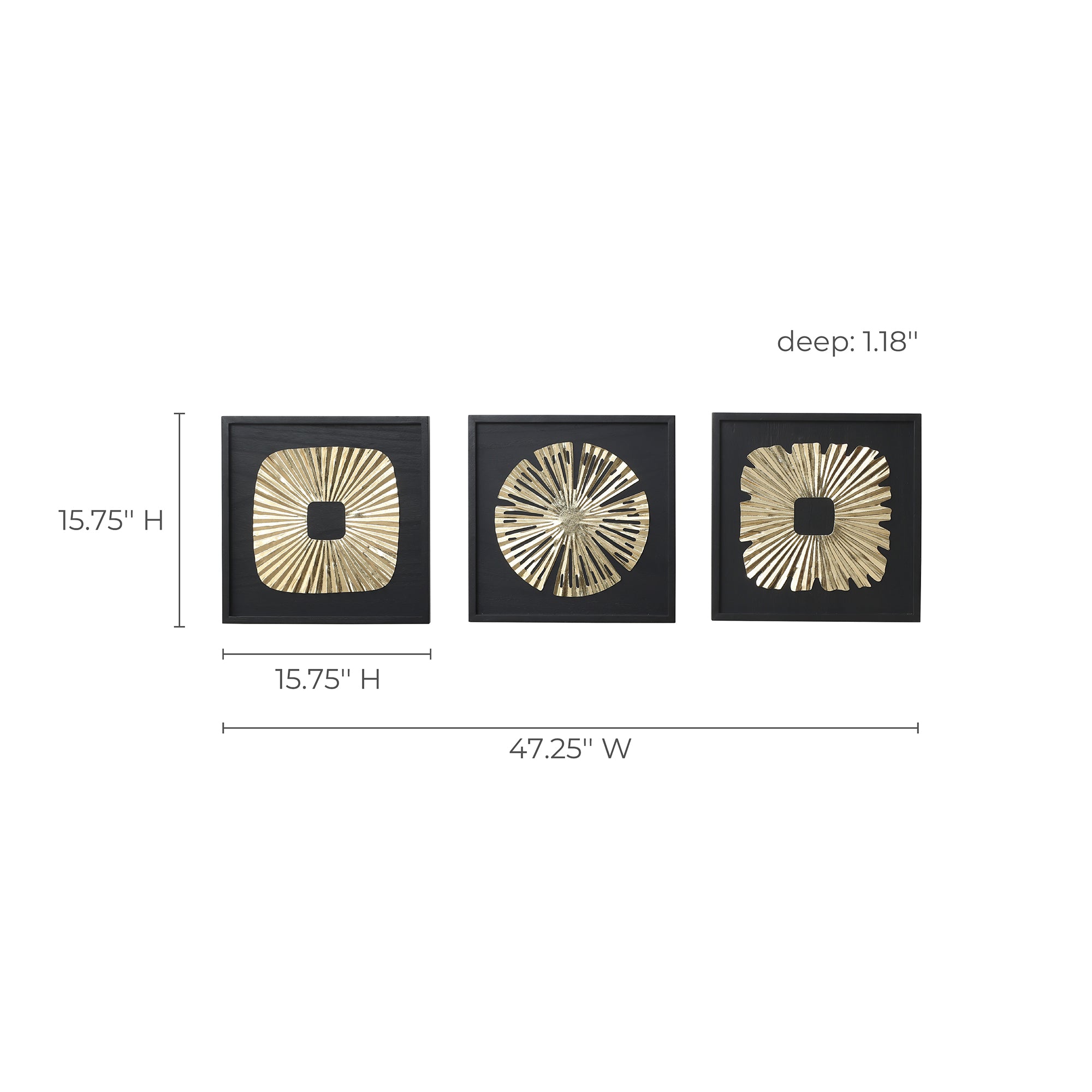 Square black wall plaques measures 15.75"H x 15.75"H x 1.18"D, when displayed side by side 47.25" w abstract metal wall art display.