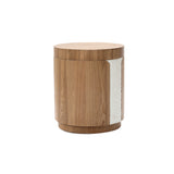 Round wooden side table with a partial textured white accent on one side, set against a white background.