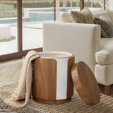 Round wood storage side table with modern elegance, its lid removed and leaning on the side.