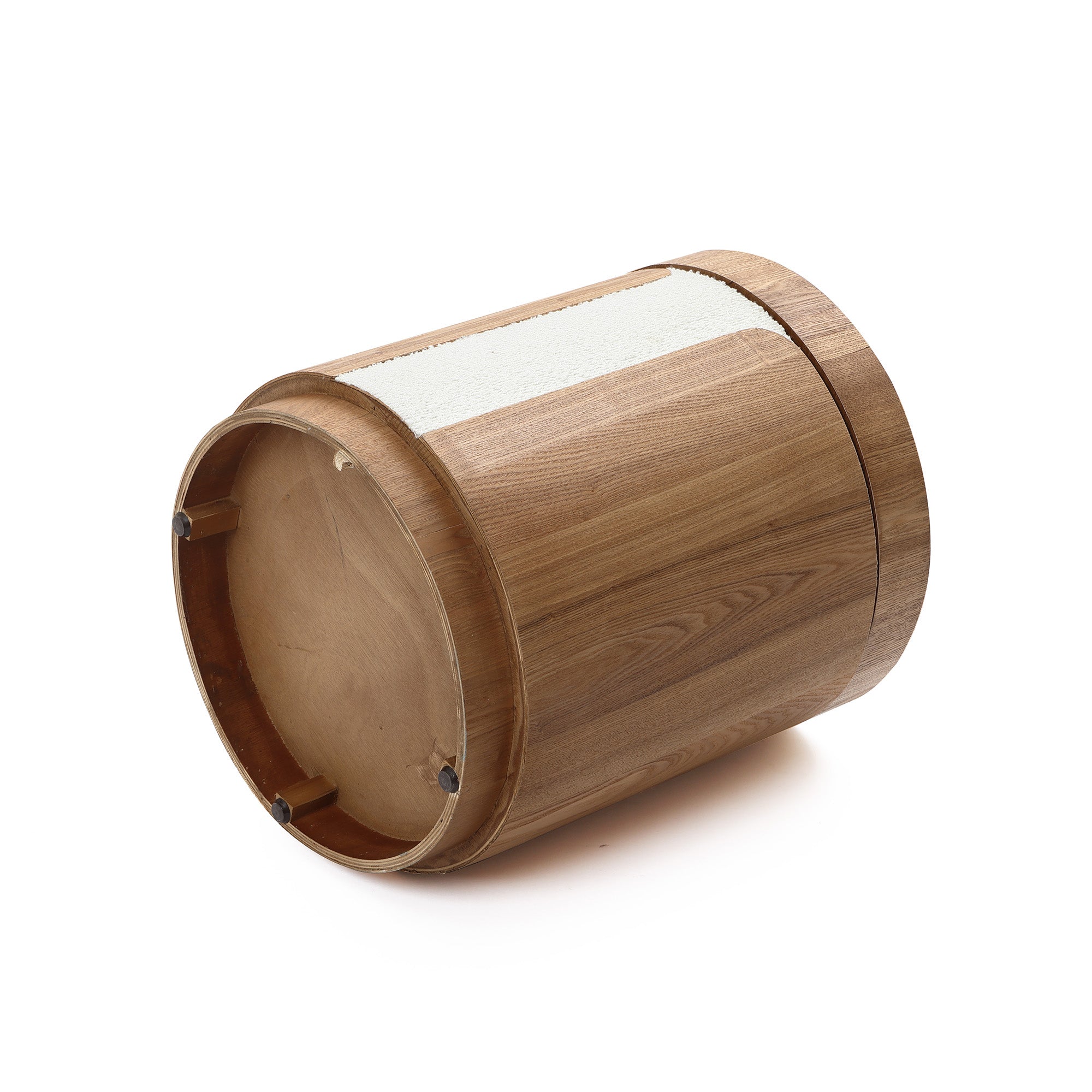 Cylindrical Wood Storage Side Table lies on its side, featuring a white textured strip around part of its circumference.