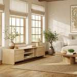 Living room with a light wood TV console cabinet and coffee table, potted plants, and a woven rug on a wooden floor.