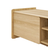 Close-up view of a light TV console cabinet with clean lines and a smooth finish, featuring a panel and shelf.
