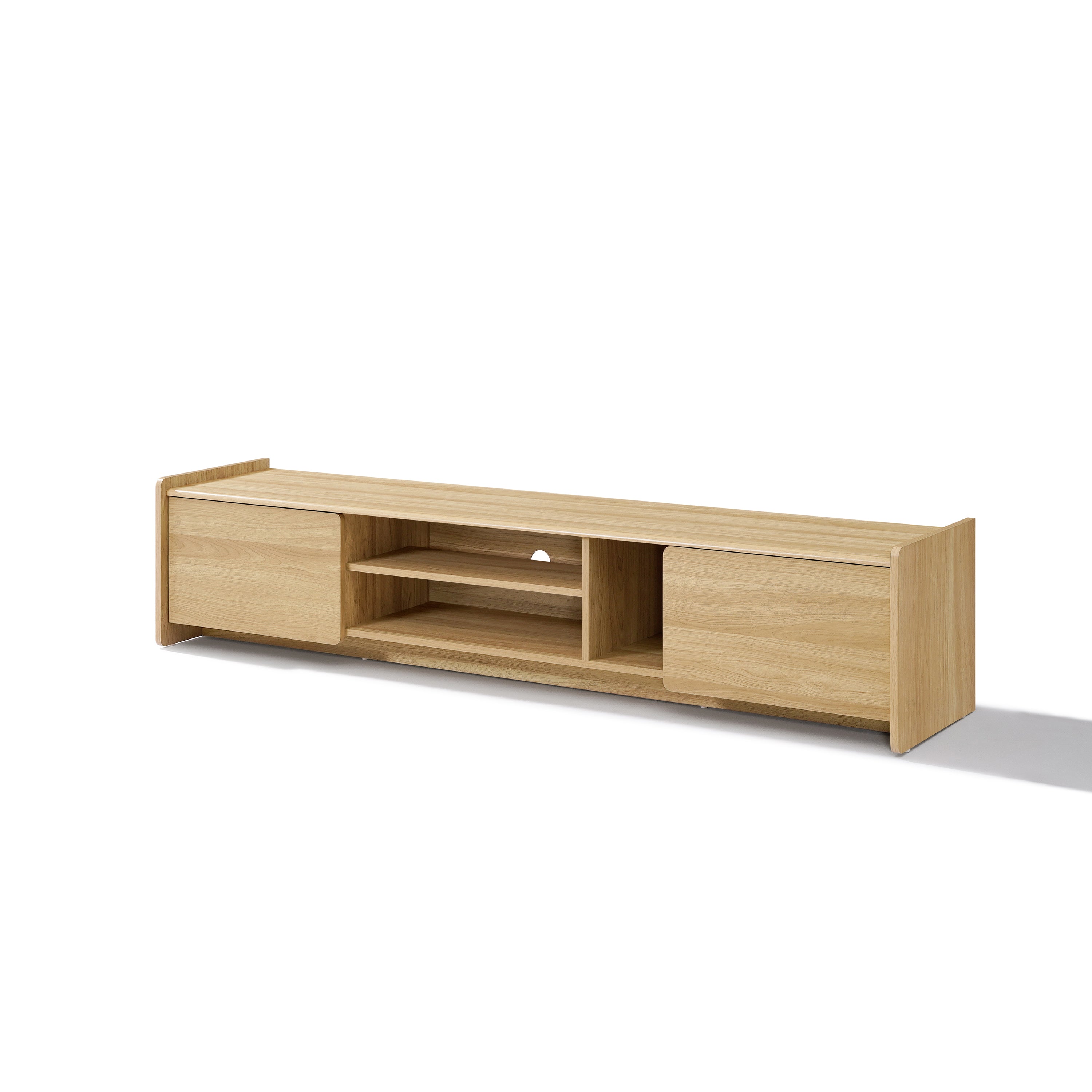 Light wood tv modern center with two closed cabinets, two open shelves, and a cable management hole at the back.