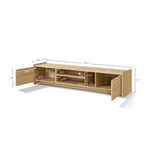 Wooden TV stand features open and closed compartments, labeled dimensions for each section and the overall stand.